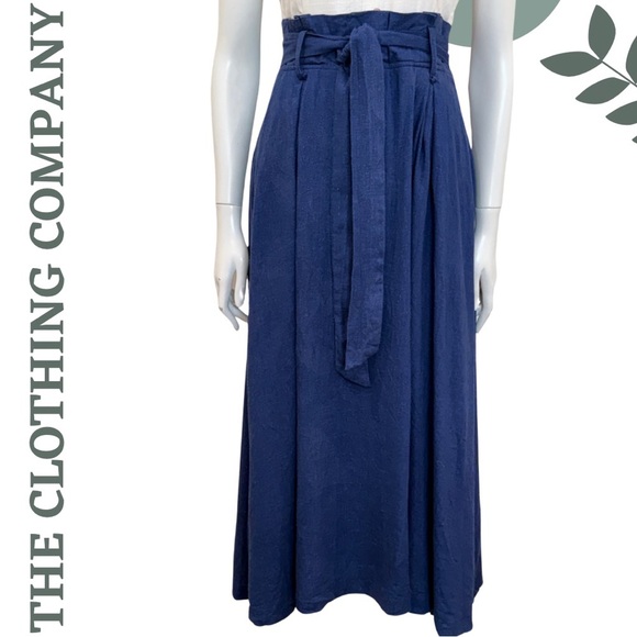 🛍️3/$40 The Clothing Company Linen Blend Midi Dress White Navy Halter Full Skirt - Picture 6 of 9
